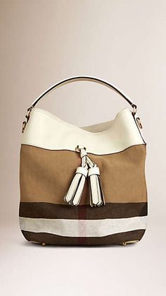 The Medium Ashby in Canvas Check and Leather White/white Leather Tote Bags, British Outfits, Best Handbags, The Medium, Burberry Handbags, Hanging Bag, How To Make Handbags, Tote Bag Leather, Colored Leather