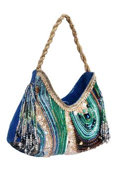 Blue agate bag with all over abstract crystal, beads embellishments in vivid shades and twisted, embellished handle. - Aza Fashions Luxury Blue Embellished Shoulder Bag, Chic Embellished Blue Bag, Chic Blue Embellished Bag, Blue Beaded Shoulder Bag As Fashion Accessory, Blue Rectangular Embellished Shoulder Bag, Blue Bohemian Bag For Evening, Blue Bohemian Evening Bag, Blue Embellished Bag For Everyday Use, Fancy Purses