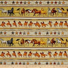 an image of horses and stars on a white background with gold bordering the pattern