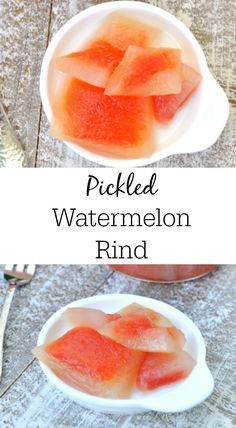 pickled watermelon rind in a white bowl on a table with spoons