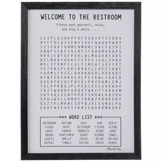 a black and white framed word search print with the words'welcome to the restroom '