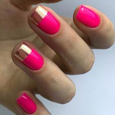 Pink Nails Gold Tips, Bright Pink And Gold Nails, Pink Gel Nails Designs, Pink And Gold Nails, Pink Gold Nails, Gold Nail Designs, Pink Gel Nails, Manicure Inspiration, Leopard Print Nails