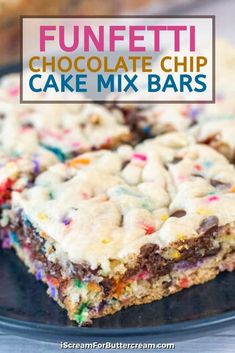 funfetti chocolate chip cake mix bars on a black plate with text overlay