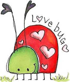 a drawing of two little green bugs with hearts on their backs and the words love bug written above them