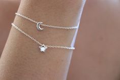 Tiny moon and star bracelet, layered bracelet, set of two bracelets, gift for girlfriend, sister gif Moon Phase Star Shaped Jewelry Gift, Celestial Adjustable Charm Bracelet Gift, Adjustable Delicate Jewelry With Star Charm, Moon Shaped Jewelry With Star Charm For Gifts, Adjustable Dainty Star Jewelry, Handmade Moon Shape Bracelets As Gift, Everyday Star Charm Bracelet, Celestial Charm Bracelet With Star Charm As Gift, Dainty Star-shaped Bracelets For Everyday Wear