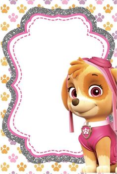 a cartoon dog with a pink hat and leash on it's head, in front of a paw patrol frame