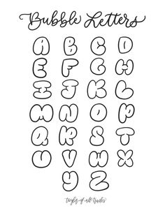 the alphabet and numbers for bubble letters are drawn in black ink on a white background