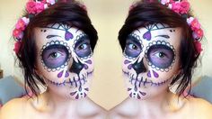 Halloween How To: Sugar Skull Makeup Tutorial ♥ Day Of The Dead Sugar Skull Easy Makeup, Bride Halloween Makeup, Sugar Skull Makeup Tutorial Step By Step, Skull Candy Makeup Easy, Skeleton Makeup Tutorial, Day Of The Dead Makeup Tutorial Videos Easy, Neon Sugar Skull Makeup, Halloween Makeup Tutorials