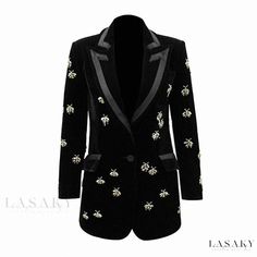 Lasaky - Sophisticated Crystal Bee Embellished Lapel Single Breasted Long Tailored Velvet Blazer Velvet Blazer Women, Costume Africain, Black Velvet Blazer, Blazer Designs, Tailored Design, Velvet Blazer, Pocket Jacket, Black Blazers, Luxury Women