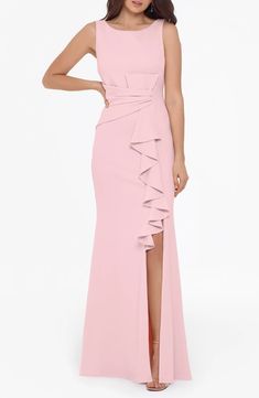 Betsy & Adam Ruffle Bow Gown | Nordstrom Bow Gown, Asymmetrical Neckline Dress, Huarache Shoes, Mothers Gowns, Evening Dress Collection, Wedding Wonderland, Bride Gown, Drape Gowns, Petite Clothing