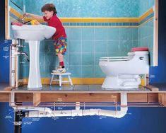 a child is standing on a stool in front of a bathroom sink with the plumbing diagram above it