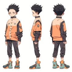 three different views of an anime character with black hair and orange shirt, standing in front of