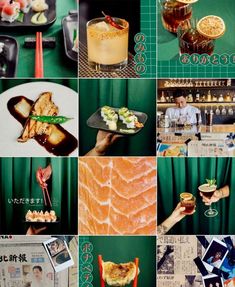 a collage of photos with different foods and drinks on the same page in japanese