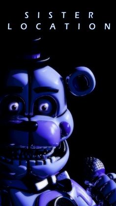 a creepy looking purple teddy bear with big eyes and mouth wide open, holding a black object in his right hand