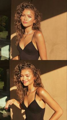 two photos of a woman with curly hair