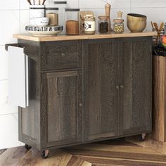 a kitchen island with lots of food on it