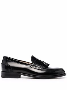 black leather round toe slip-on style branded insole flat leather sole Leather Loafers, Loafer Shoes, Tassels, Fashion Branding, Black Leather, Slippers, Loafers, Slip On, Lingerie