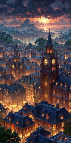 an aerial view of a city at night with many buildings and clock tower lit up