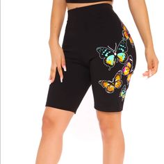 Brand New! Butterfly Print Located On The Left Elastic Band Waist Trendy Black Knee-length Shorts, Black Stretch Shorts For Summer, Stretch Black Shorts For Summer, Spring High-waisted Biker Shorts, High-waisted Biker Shorts For Spring, Trendy Black Stretch Shorts, Trendy Knee-length Biker Shorts For Summer, Casual Black Knee-length Bottoms, Fitted Black Shorts For Spring