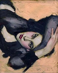 a painting of a woman with black hair and red eyes laying on the ground, her arms behind her head