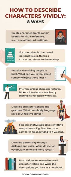 How to describe characters infographic. Describe Characters, Writing A Book Outline, Describe A Person, Describing Characters, Writing Prompts For Writers, Book Writing Inspiration