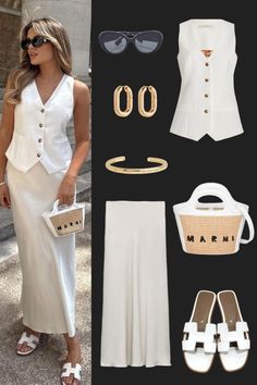 Outfit Inspo | White Waistcoat and White Satin Maxi Skirt | with Mini Handbag and White Summer Sandals | Outfit Inspiration | Skirt Outfit Ideas For Summer | Women Style | White Silk Skirt Outfit Summer, Waistcoat Outfit Summer, White Satin Skirt Outfit Summer, White Waistcoat Outfit Women, Waistcoat And Skirt Outfit, White Waistcoat Outfit, White Satin Skirt Outfit, Summer Sandals Outfit, White Sandals Outfit