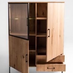 a wooden cabinet with glass doors and drawers