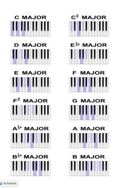 the piano keys are labeled in several different colors and sizes, including black, white, and blue