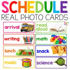 These Daily Schedule Cards with real life pictures help keep your day organized. The cards work as a visual schedule for students who need extra support during routines or transitions. There are 88 ready to print cards and clocks, plus fully editable cards to create custom pieces.CLICK ON THE GREEN ... Schedule Cards For Classroom, Visual Schedule Preschool, Kindergarten Classroom Setup, Daily Schedule Cards, Colorful Classroom, Classroom Schedule, Preschool Schedule, Prek Classroom, Rainbow Classroom