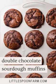 chocolate sourdough muffins in a baking pan with the words, double chocolate sourdough muffins