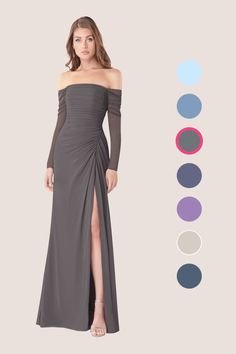 a woman in a long grey dress with different colors