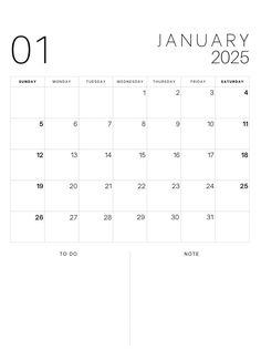 the january calendar is shown in black and white