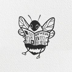 a black and white drawing of a bee reading a news paper with the word news printed on it