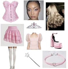 a collage of pink and white items including a corset, dress up clothes, hair clips, necklaces, bracelets