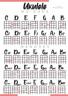 the ukulele major guitar chords are shown in red and black, as well as an