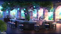 an animated image of a bar with stools and plants on the wall behind it