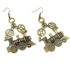 The steam train is a symbol of steampunk. Wear it as earrings! Steampunk accessory Metal type: zinc alloy Shape: steam train Gender: women Gold Steampunk Earrings, Antique Gold Metal Earrings, Nickel Free Metal Steampunk Earrings, Steampunk Train, Train Crafts, Steampunk Accessories, Steam Train, A Symbol, Steampunk Fashion