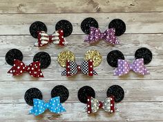 "This is for ONE single bow. These cute bows are the perfect accessory for any occasion like Birthday, Party, Holiday, Vacation, Photo Props and many more! These are made with      - Shiny Glitter Sequins Synthetic Faux Leather (1, 3, 7, 8, 9, 12, 15) or     - Regular Faux Leather (2, 6, 10, 11, 13, 14) or     - Mix of both (4, 5, 17) these are appox. 4\" long and finished with 1.75\" Falt Alligator Hair Clips. if you have any questions about material, please contact me." Minnie Ear Hair Clips, Minnie Mouse Ribbon, Minnie Mouse Faux Leather Bow, Disney Ribbon Bows, Minnie Mouse Hair Bows, Rainbow Loom Rubber Bands, Disney Mouse Ears, Minnie Bow, Rubber Band Bracelet