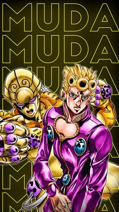 an image of a cartoon character in purple and yellow with the words muda muda on it