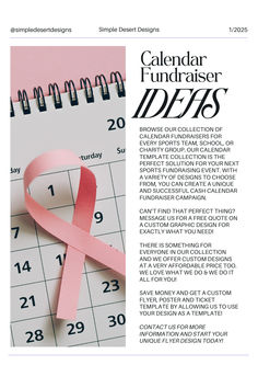 a calendar with a pink ribbon on it