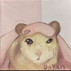 a painting of a hamster wearing a pink hat and sitting down with its head turned to the side