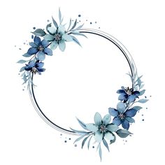 a circular frame with blue flowers and leaves on the edges, painted in watercolor