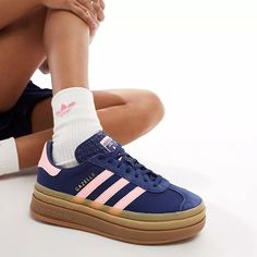 Conformation Shoes, Pink And Navy Gazelle Outfit, Cute Gazelles, Pink And Blue Adidas Gazelle, Gazzeleadidas Shoes, Lv Boots