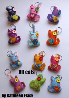 several different colored stuffed animals are hanging from key chains with buttons on them and the words, all cats by kattien flask