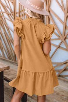 Khaki Tiered Ruffled Sleeves Mini Dress with Pockets Solid Ruffle Dress With Ruffle Hem And Sleeves, Casual Ruffle Dress With Flutter Sleeves, Brown Ruffled Short Sleeve Mini Dress, Brown Ruffled Mini Dress With Short Sleeves, Spring Ruffle Dress In Solid Color, Casual Ruffle Dress With Ruffle Hem And Sleeves, Brown Short Sleeve Mini Dress With Ruffles, Spring Brown Mini Dress With Ruffles, Brown Mini Dress With Ruffles And Short Sleeves