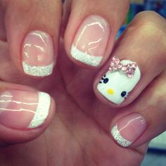 Hello Kitty Nails Natural, Hello Kitty Inspired Nails Short, Hello Kitty Natural Nails, Hello Kitty Painted Nails, Hello Kitty Short Nails With Charms, Small Hello Kitty Nails, Kids Hello Kitty Nails, Nails Polish Ideas, Hello Kitty Nails For Kids