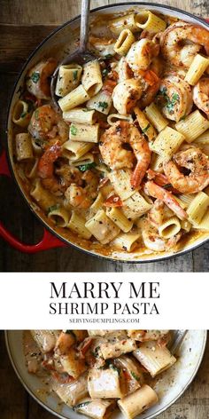 shrimp pasta in a red skillet on top of a wooden table with the words marry me shrimp pasta