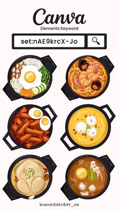 an image of different types of food in pans on a white background with the words canvas