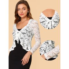 Opt for a decadent cover-up for your special occasions with this lace shrug. This stretchy lace cardigan offers the perfect balance to longer layers in a waist-defining cut with a tie front. Constructed in a classic shrug silhouette, this charming piece benefits from an open neck and elegant long sleeves with ruffles. Intricate design details include a satin binding around the front and hem and a floral lace design. Paired with a sleeveless dress, spaghetti strap, tank top, or simple off-shoulde