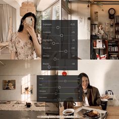 a woman sitting at a table with food in front of her and an image of a mannequin behind her